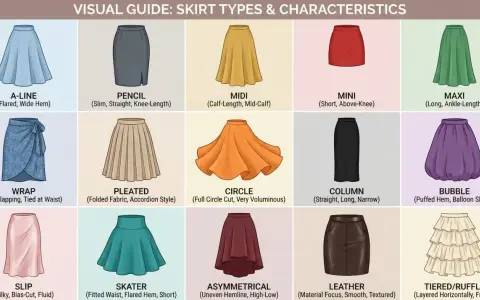 A visual guide showcasing various types of skirts, from A-line and pencil to bubble and tiered styles, offering a comprehensive look at skirt silhouettes.