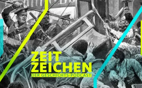 Illustration zeigt Soldaten, die auf Demonstranten schießen, eine Szene, die an den Petersburger Blutsonntag erinnert. "Zeit Zeichen" ist als Geschichts-Podcast hervorgehoben.