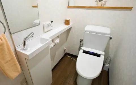 Wąska toaleta w bloku z małą umywalką, nowoczesną muszlą i półką z rośliną.