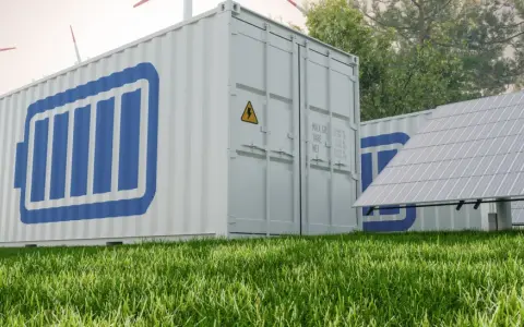 Container mit Batteriesymbol, Solarpanels und Windrädern. Löst das erneuerbare energien speicherproblem.