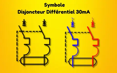 Schéma symbolique d'un disjoncteur différentiel 30mA, montrant ses connexions.