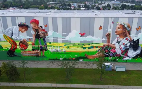 Kolorowe murale w Polsce: dzieci w strojach ludowych zbierają jabłka na tle sielskiego krajobrazu, dziewczynka z psem dmucha dmuchawiec.