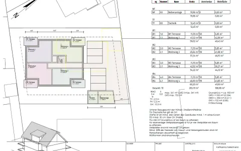 Grundriss des Erdgeschosses mit 11 Baunvo (Wohnungen und Terrassen), Technik und Nebenanlage.