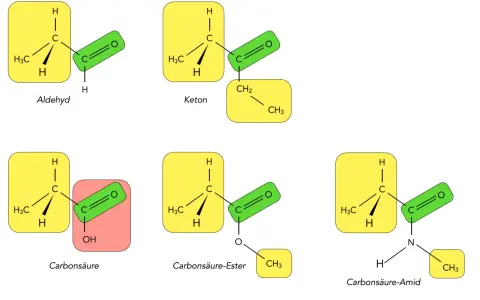 Chemische Strukturen: Aldehyd, Keton, Carbonsäure, Ester und Amid. Die zentrale Carbonylgruppe ist in verschiedenen Molekülen hervorgehoben.