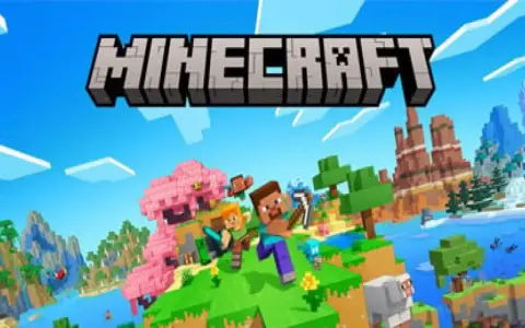 Steve y Alex exploran un mundo vibrante de Minecraft en PS5, con árboles rosados, montañas y ovejas.
