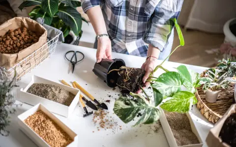 Mani che trapiantano una pianta, con vasi di terriccio, argilla espansa per un **terreno drenante** e attrezzi da giardinaggio.