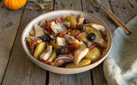 Salade de pommes de terre et hareng, garnie d'olives noires, de tomates séchées et d'oignons rouges. Un plat savoureux et coloré.