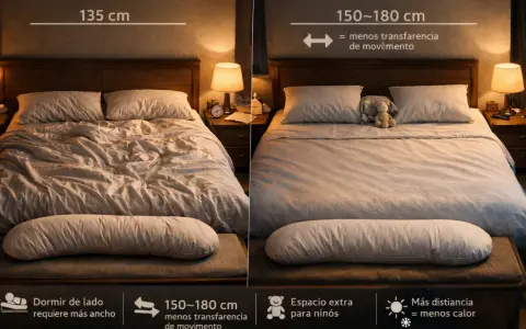 Comparativa de medidas de colchones: 135 cm para dormir de lado, 150-180 cm para menos transferencia de movimiento y espacio extra.