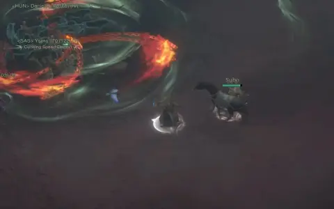 Gracze walczą z diablo 4 boss swiata, otoczeni płomieniami i zielonymi wirami.