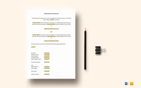 Dokument "Conditional Sale Agreement" z ołówkiem i spinaczem biurowym.