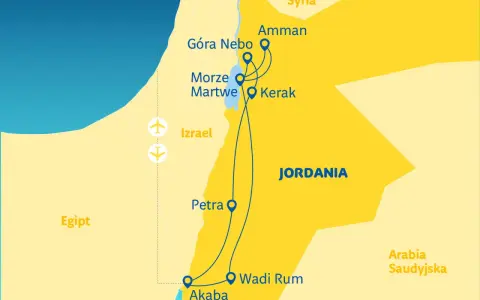 Mapa pokazuje, gdzie leży Jordania, z zaznaczonymi miastami: Amman, Kerak, Petra, Wadi Rum i Akaba. Widać też Morze Martwe i Górę Nebo.