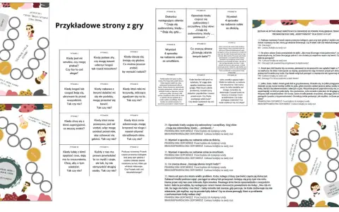 Gra planszowa "Przykładowe strony z gry" uczy stawianie granic dziecku. Przykłady pytań pomagają zrozumieć, jak reagować w trudnych sytuacjach.