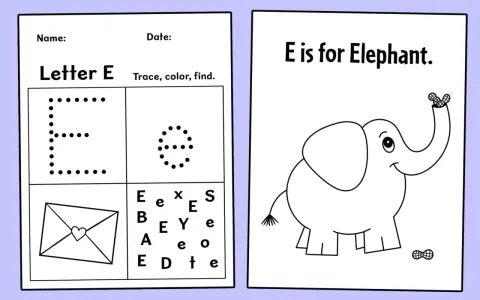 Foglio didattico con lettere disegni con la E: una grande E puntinata, una piccola E puntinata, una busta con cuore, lettere sparse e un elefante che mangia arachidi.