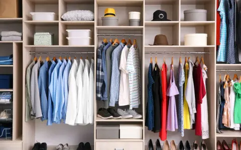 Szafa z ubraniami w stylu basic: koszule, sukienki, buty i akcesoria.