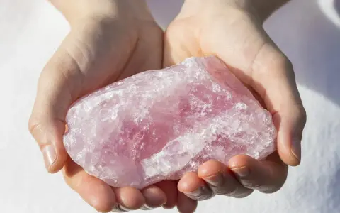 Manos sostienen una gran piedra de cuarzo rosa, una piedra para la salud y el bienestar, con su translúcida belleza.