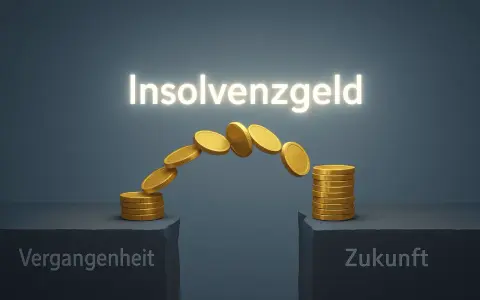 Goldmünzen bilden eine Brücke zwischen "Vergangenheit" und "Zukunft". Die Frage "wie lange dauert es bis das Arbeitsamt Insolvenzgeld zahlt" wird visuell thematisiert.