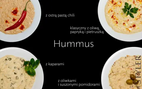 Hummus z ciecierzycy: pikantny z chili, klasyczny z papryką, z kaparami, oliwkami i suszonymi pomidorami.