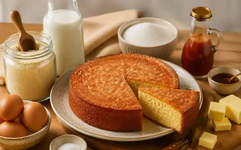 Un délicieux gâteau de semoule, doré et moelleux, entouré de ses ingrédients : œufs, lait, sucre, semoule, beurre et sirop.