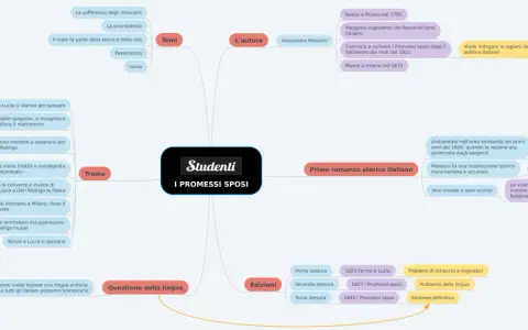 Mappa concettuale per studenti su "I Promessi Sposi", utile per schede didattiche, con trama, temi, autore e edizioni.
