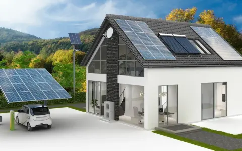 Une maison écologique autonome avec panneaux solaires sur le toit et un carport, une voiture électrique en charge.