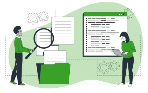 Uomo con lente d'ingrandimento analizza documenti, donna lavora al laptop. Ricerca di piattaforme e-learning gratuite.
