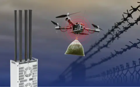 A drone carrying a bag of contraband is detected near a fence. A UAV jammer with multiple antennas stands ready to disrupt its flight.