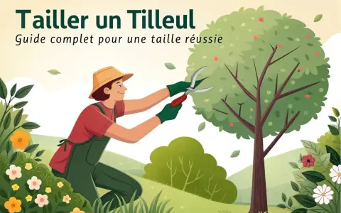 Un jardinier taille un tilleul adulte avec des sécateurs, entouré de fleurs et de verdure.