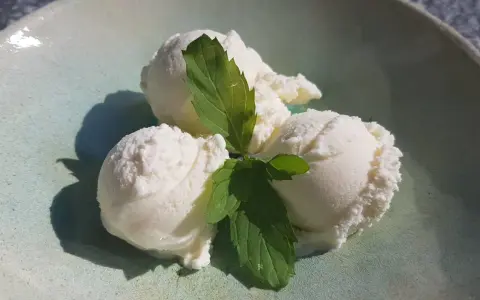 Drei Kugeln cremiges Bergamotte Eis mit frischer Minze auf einem hellgrünen Teller.