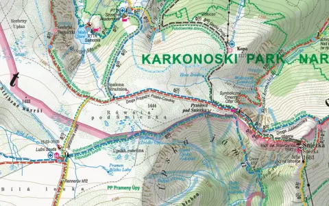 Mapa Karkonoszy, części Sudetów, z zaznaczonymi szlakami, schroniskami i szczytami, w tym Śnieżką.