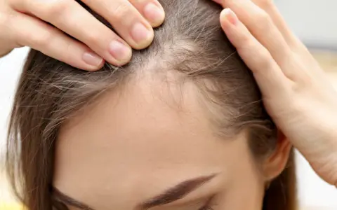 Delikatne baby hair przy linii czoła, widoczne na zbliżeniu.