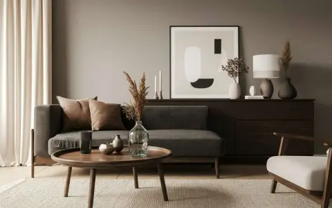 Gemütliches Wohnzimmer: Anthrazit und beige kombinieren. Dunkelgraues Sofa, beiger Teppich, Holzmöbel und dezente Deko.