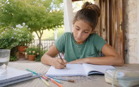 Ragazza concentrata sui compiti vacanze estive all'aperto, tra quaderni e matite colorate.