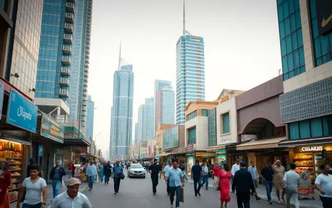 Menschen schlendern durch eine belebte Straße in Dubai, flankiert von modernen Wolkenkratzern und Geschäften.