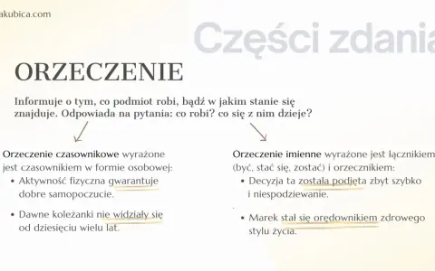 Rodzaje orzeczeń: czasownikowe (np. "gwarantuje") i imienne (np. "stał się").