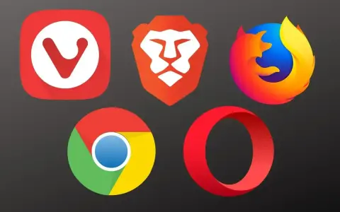 Ikony popularnych przeglądarek internetowych: Vivaldi, Brave, Firefox, Chrome, Opera. Wybierz najlepsze przeglądarki internetowe dla siebie.