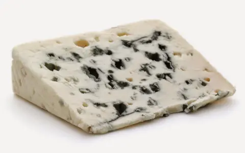 Un trozo de queso azul con vetas oscuras, un queso que huele mal pero es delicioso.