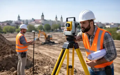 Geodeci pracują na budowie, jeden z nich obsługuje tachimetr, drugi sprawdza dane na tablecie. Zastanawiasz się, ile bierze geodeta za wytyczenie działki?