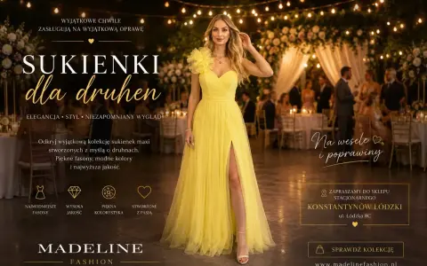 Eleganckie sukienki na wesele 2026 dla druhen. Modelka w żółtej sukni maxi z rozcięciem. Odkryj kolekcję Madeline Fashion.