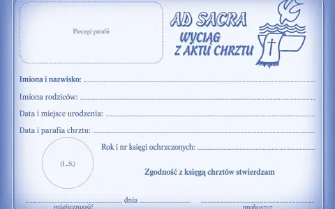 Wyciąg z aktu chrztu online. Dokument zawiera pola na dane osobowe, datę i miejsce chrztu, pieczęć parafii oraz podpis proboszcza.