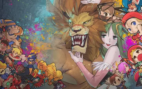Personajes de fighting legends ps4, incluyendo un león gigante, una chica de pelo verde y guerreros chibi, con salpicaduras de pintura.