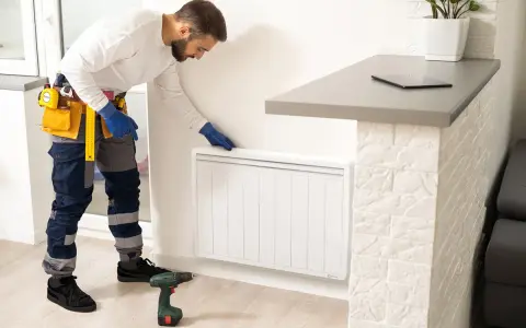 Un technicien en bleu, avec une ceinture à outils, installe un radiateur à inertie. Il est prêt à brancher le radiateur inertie sur prise de courant.