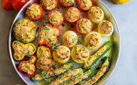 Vassoio di verdure ripiene al forno: pomodori, peperoni, cipolle e zucchine, dorate e profumate.
