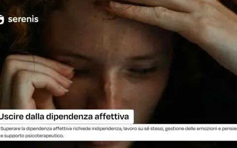 Ragazza con mano sulla fronte, testo "Uscire dalla dipendenza affettiva". Superare la dipendenza affettiva richiede indipendenza e lavoro su sé stessi.