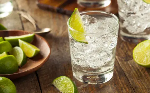 Erfrischender infused gin mit Eis und Limettenspalten auf rustikalem Holztisch.