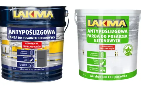 Dwie puszki farby LAKMA Antypoślizgowa do posadzek betonowych. Szukasz idealnej farby do betonu na zewnątrz? Ta jest odporna na oleje i ścieranie.