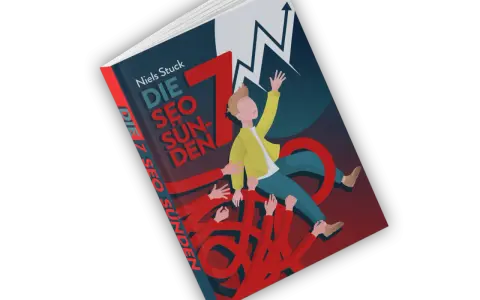 Buchcover "Die 7 SEO Sünden" von Niels Stuck. Ein Mann wird von vielen Händen hochgezogen, während ein Wachstumspfeil nach oben zeigt. Ideal, um seo lernen kostenlos.