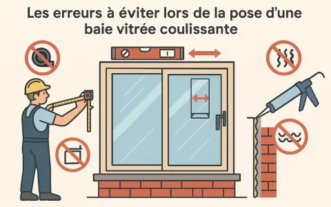 Un ouvrier mesure une baie vitrée coulissante. L'image illustre les erreurs à éviter lors de la pose, notamment en maçonnerie.