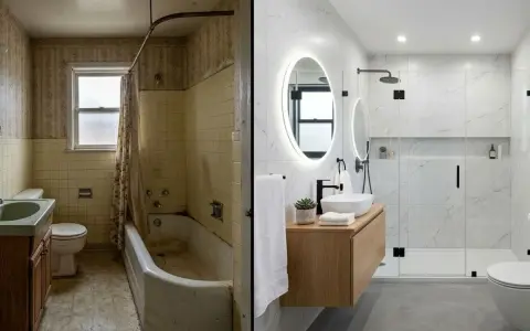 Avant/après d'une salle de bain : d'un espace vieillot à un relooking salle de bain moderne et lumineux avec douche à l'italienne et mobilier suspendu.