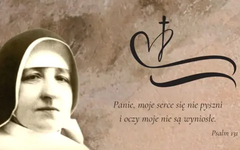 Siostra zakonna, symbol serca z krzyżem i cytat z Psalmu 131. Jej powołanie to pokora i służba.