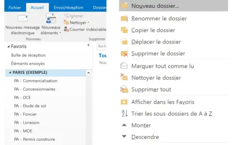 Interface d'un logiciel de messagerie montrant comment classer ses mails avec des dossiers et des options de gestion.